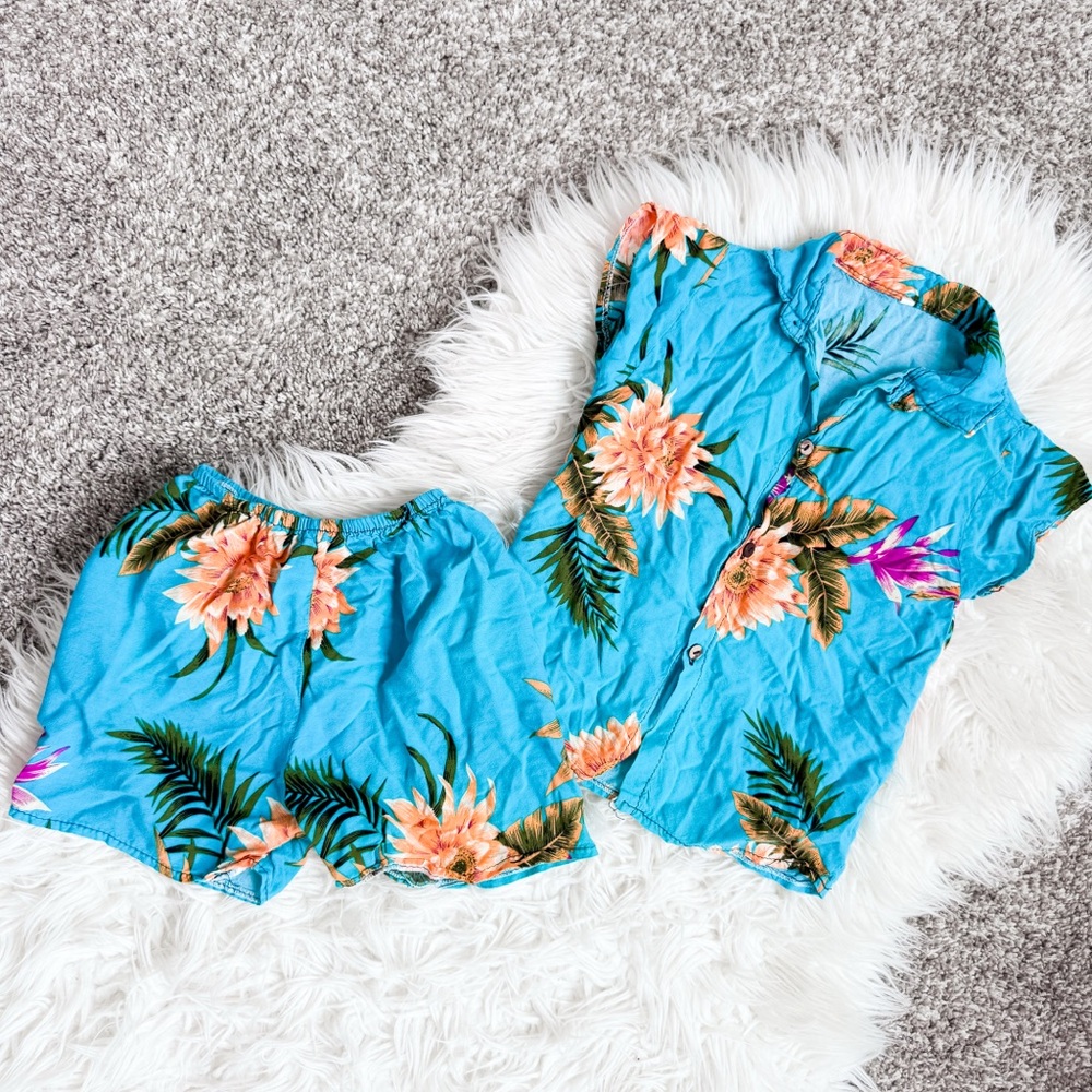 Blue Tropical Floral Button Up Shorts Set 12M